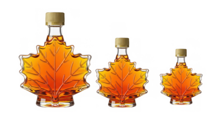 Collection of maple leaf shaped bottles isolated on white background