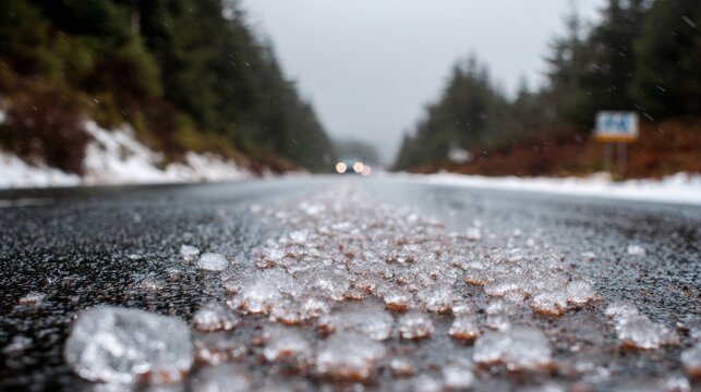 Snow and ice covering road surface showing slippery winter conditions, frozen ground texture, seasonal weather impact, hazardous driving environment and cold climate traffic safety concept - Powered by Adobe