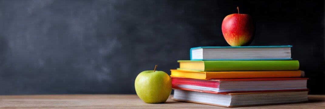 Stack of colorful books and apples against blackboard background - Powered by Adobe