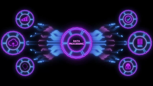 Glowing neon-style tech interface on a dark background. pink circular element labeled DATA PROCESSING. Digital animation glowing blue circuit lines, technology, data flow animation.