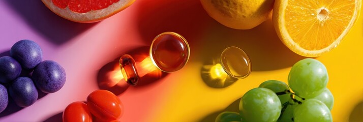 Colorful fruit and supplements display with grapes, oranges, and capsules on rainbow surface