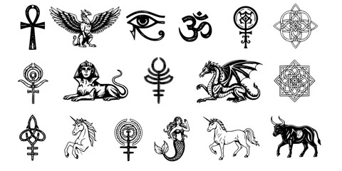 Fototapeta premium Set of ancient symbols and mythological creatures
