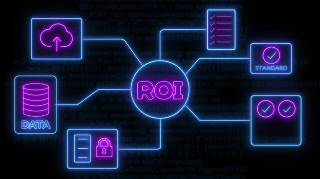 A futuristic neon ROI-analytic icon . glowing icons include cloud storage, database, security lock, checklist, system standards, and verification symbols background.