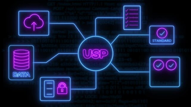 A futuristic neon USP analytic icon . glowing icons include cloud storage, database, security lock, checklist, system standards, and verification symbols background.