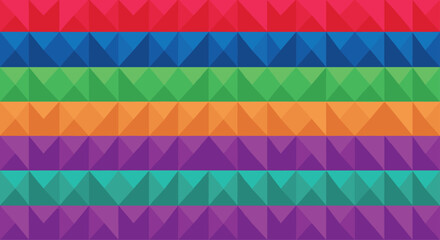Vibrant rainbow of triangular stripes forms a bold geometric pattern across overlapping color bands in a lively abstract composition.