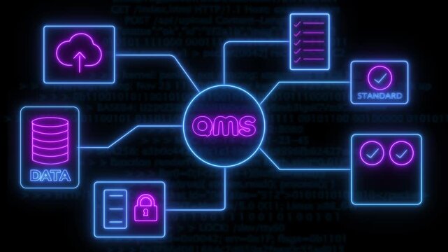 A futuristic neon Q MS-analytic icon . glowing icons include cloud storage, database, security lock, checklist, system standards, and verification symbols background.