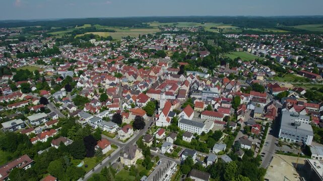 Aerial view around the city Aichach, 86551 in Germany., Bavaria on a sunny afternoon in spring.
