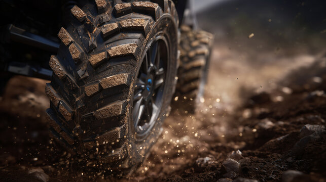 Hyperreal macro of rugged off-road tire, showcasing bold interlocking tread blocks, irregular dirt specks, dramatic chiaroscuro lighting emphasizing rugged performance engineering