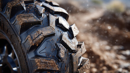 Macro detail of an all-terrain tire tread, showcasing a labyrinth of angular ridges and channels, rubber dust highlighting the edges, strong sidelight adding crisp realism and extr