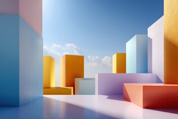 Fototapeta premium Vibrant geometric abstract landscape with colorful cubes under blue sky