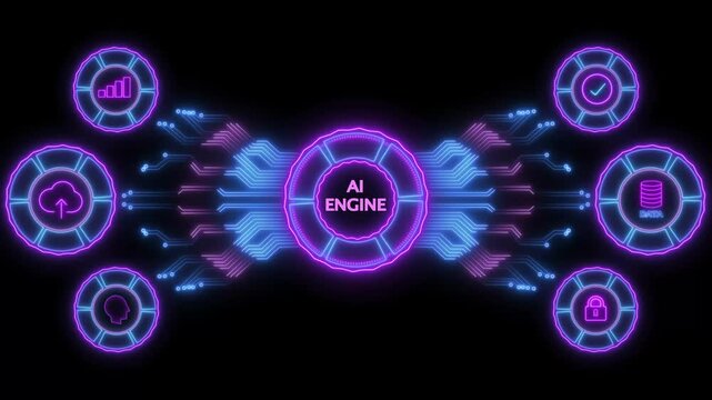 Glowing neon-style tech interface on a dark background. pink circular element labeled &ldquo;AI ENGINE. Digital animation glowing blue circuit lines, technology, data flow animation.