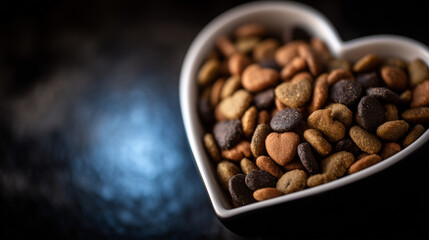 Fototapeta premium Artistic composition of a heart-shaped bowl packed with bright kibble, deep black background creating intense contrast, soft spotlight highlighting the center and creating a gentle