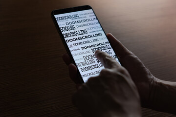 Close-up of a person using a smartphone with the word doomscrolling repeated on the screen. Digital addiction, negative news consumption, information overload concept.