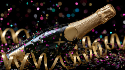 Golden-labeled champagne bottle resting among festive ribbon loops, confetti catching the light with iridescent sparkles, close-up composition with elegant high-contrast lighting