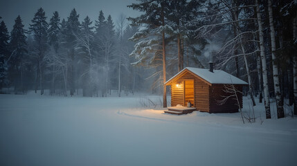 Small Wooden Sauna Cabin in Snowy Winter Forest at Twilight