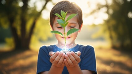 Young Boy Carefully Holding a Small Plant Sprout in Sunlight