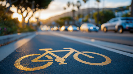 Obraz premium Bike lane symbol painted on road surface, highlighted by warm golden-hour light, cars and trees softly smeared in the background, giving the scene lively metropolitan rhythm