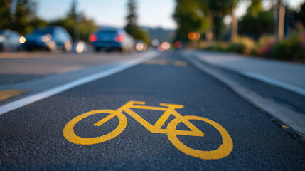 Top-down perspective of a bold bicycle lane symbol, asphalt lit by warm afternoon light, background silhouettes of cars and trees fading into soft blur, hinting at active streets