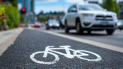 Obraz premium Macro-style image of bike lane paint on rough asphalt, bright white symbol contrasted with dark pavement, blurred vehicles and foliage behind conveying city flow