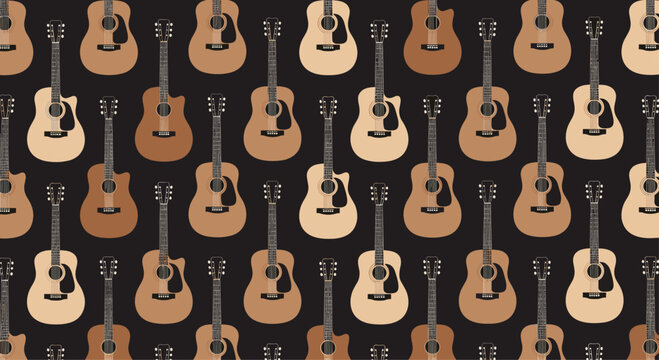 Seamless pattern of acoustic guitars in warm browns on a dark background repeating across a decorative canvas suitable for fabric wallpaper or textile design.