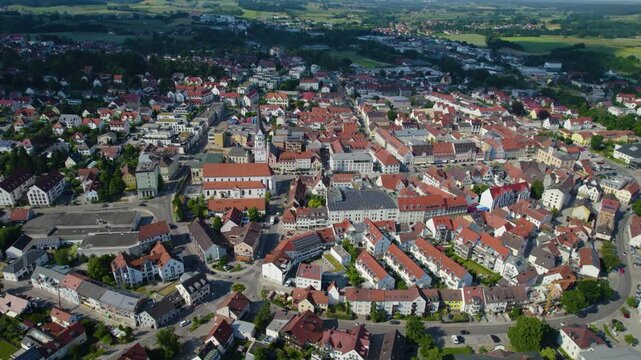 Aerial view of the old town and city Pfaffenhofen an der Ilm, 85276 in Germany, Bavaria on a sunny noon spring day