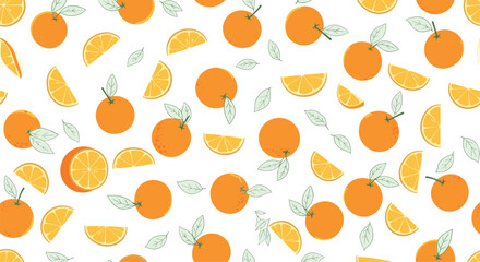 Bright citrus pattern with whole oranges orange slices and pale green leaves scattered across a clean white background creates a sunny fresh and playful mood.