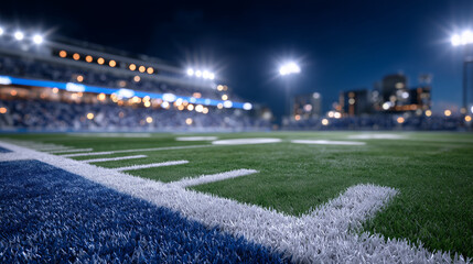 Close, ground-level view of a football field sideline at night, stadium lights creating brilliant highlights and deep shadows, every blade of turf distinct, atmosphere charged with