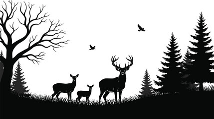 Forest wildlife silhouettes, deer family, nature scene, vector clipart, black and white, trees, flying birds, antlers, ecosystem, landscape