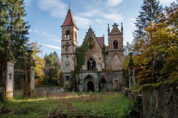 Crumbling church with plants growing on it in a serene forest during a beautiful autumn day