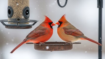 Northern Cardinal Pair Sharing a Bird Feeder During Winter Snowfall