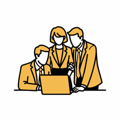 Minimal Line-Art Business Team Quietly Reviewing a Single Laptop Together &ndash; Isolated Vector Illustration