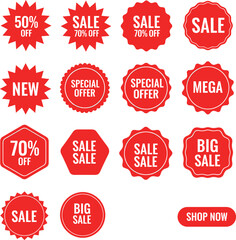 Red Sale Badge and Discount Label Icon Set Featuring Percentage Offers, Special Deals, Big Sale Stickers, and Promotional Tags for Ecommerce Marketing Design