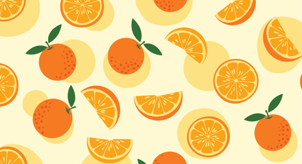 Bright citrus pattern with whole oranges and orange slices scattered across a pale yellow background creates a vibrant summery mood.
