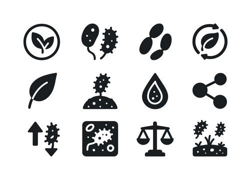 Microbial Ecology Icons. Microbial ecology. Solid icon set of mi