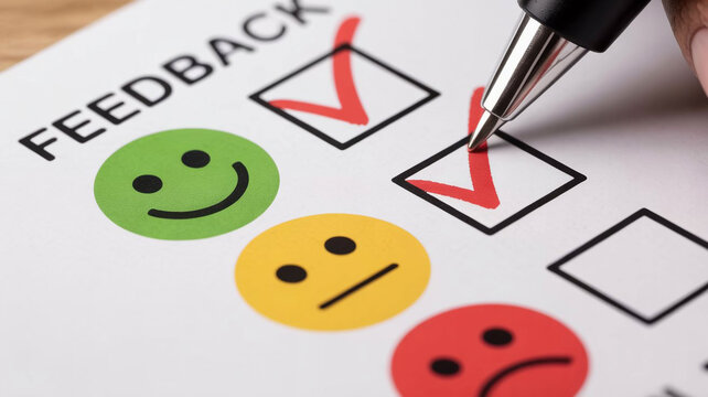 Customer feedback form with emoticons and checkbox marked for positive green smiling face response