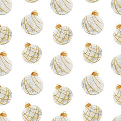 A pattern of watercolor ornaments with gold details on a white background