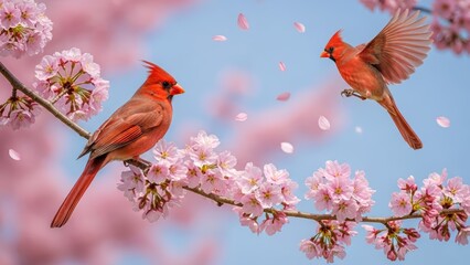 Vibrant Red Cardinals in Flight and Perched with Delicate Pink Cherry Blossoms