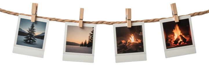 Cozy winter scenes featuring snow covered trees, serene sunset, campfire, and warm fireplace evoke feelings of comfort and tranquility