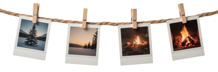 Cozy winter scenes featuring snow covered trees, serene sunset, campfire, and warm fireplace evoke feelings of comfort and tranquility