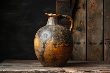 Old ceramic jug with dark spots is standing on a rustic wooden table against a dark background