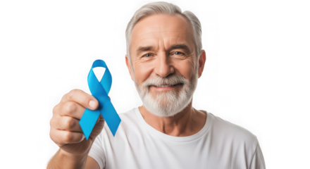 Man holding a blue ribbon isolated on a transparent background