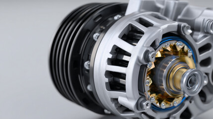Close-up of alternator assembly with pulley, high-detail view of internal rotor and stator, polished metallic surfaces, studio-style neutral background emphasizing engineering deta