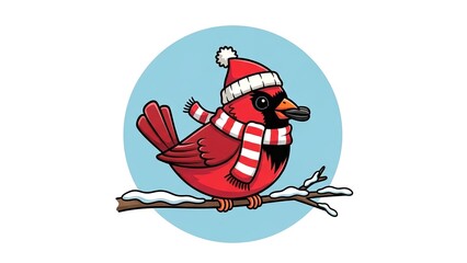 Festive Red Cardinal Bird in Winter Hat and Scarf on Snowy Branch