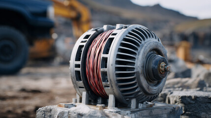 Close-up of alternator components, rotor windings, pulley grooves, and housing details highlighted, metallic textures with soft reflections, simple minimal background