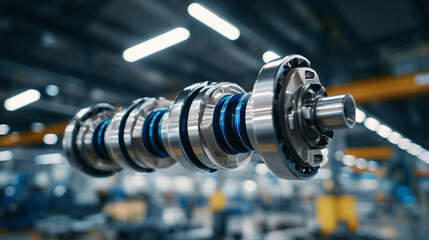 Detailed mechanical shot of precision crankshaft, polished steel bearings and counterweights in focus, ambient workshop lighting creating dramatic metallic highlights, industrial r