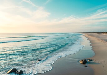 A serene coastal landscape featuring turquoise waves washing onto a sandy beach at sunrise.