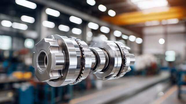 Close-up of a precision-machined steel crankshaft, counterweights and bearing surfaces sharply detailed, ambient reflections of the workshop, tools and mechanical equipment softly