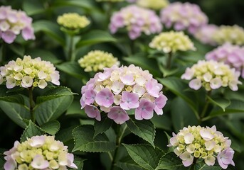 Pink and green hydrangea blossoms create a beautiful pattern in a lush summer garden