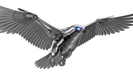 Robotic Falcon Soaring. Cybernetic Bird with Glowing Eyes.