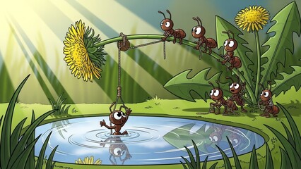 Cartoon Ants Teamwork Rescuing a Friend from a Pond with a Pulley